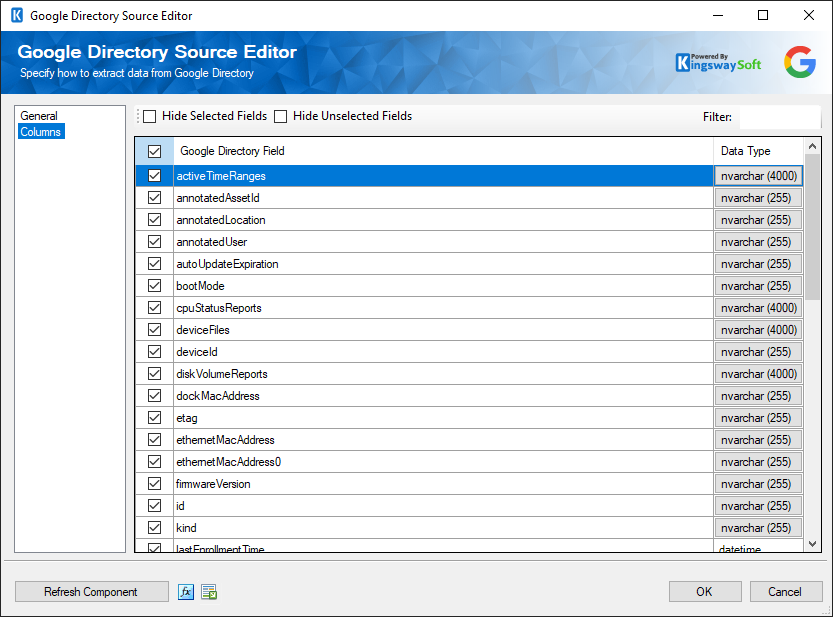 Google Directory Source component - Columns